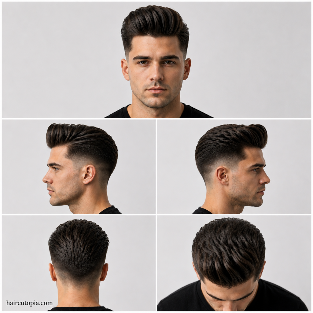 Five-view collage of a clean pompadour haircut for men showing front, left side, right side, back, and top views