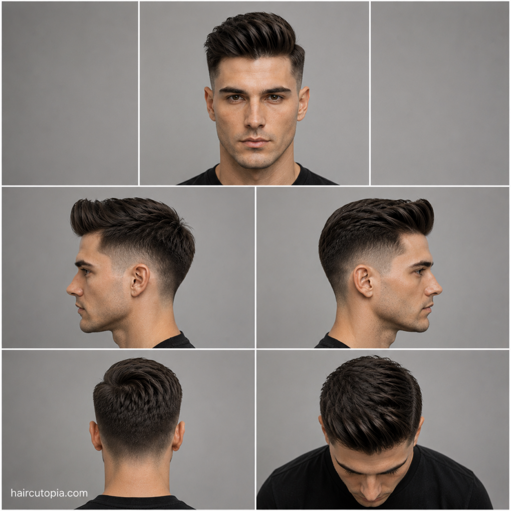 Five-panel collage showing a clean quiff haircut from the front, left side, right side, back, and bird's-eye views with smooth volume, neatly tapered sides, and a polished finish.