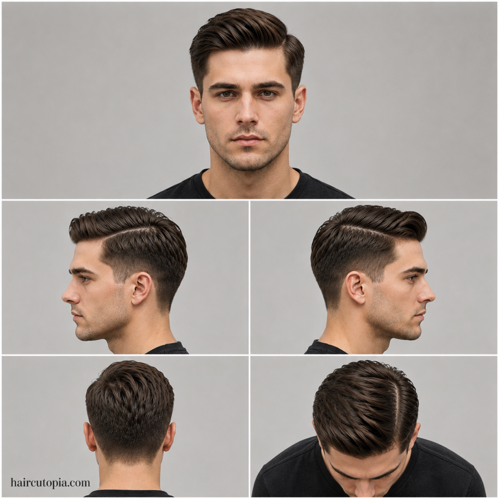 Five-view collage of a clean men’s side part haircut showing front, left side, right side, back, and top views