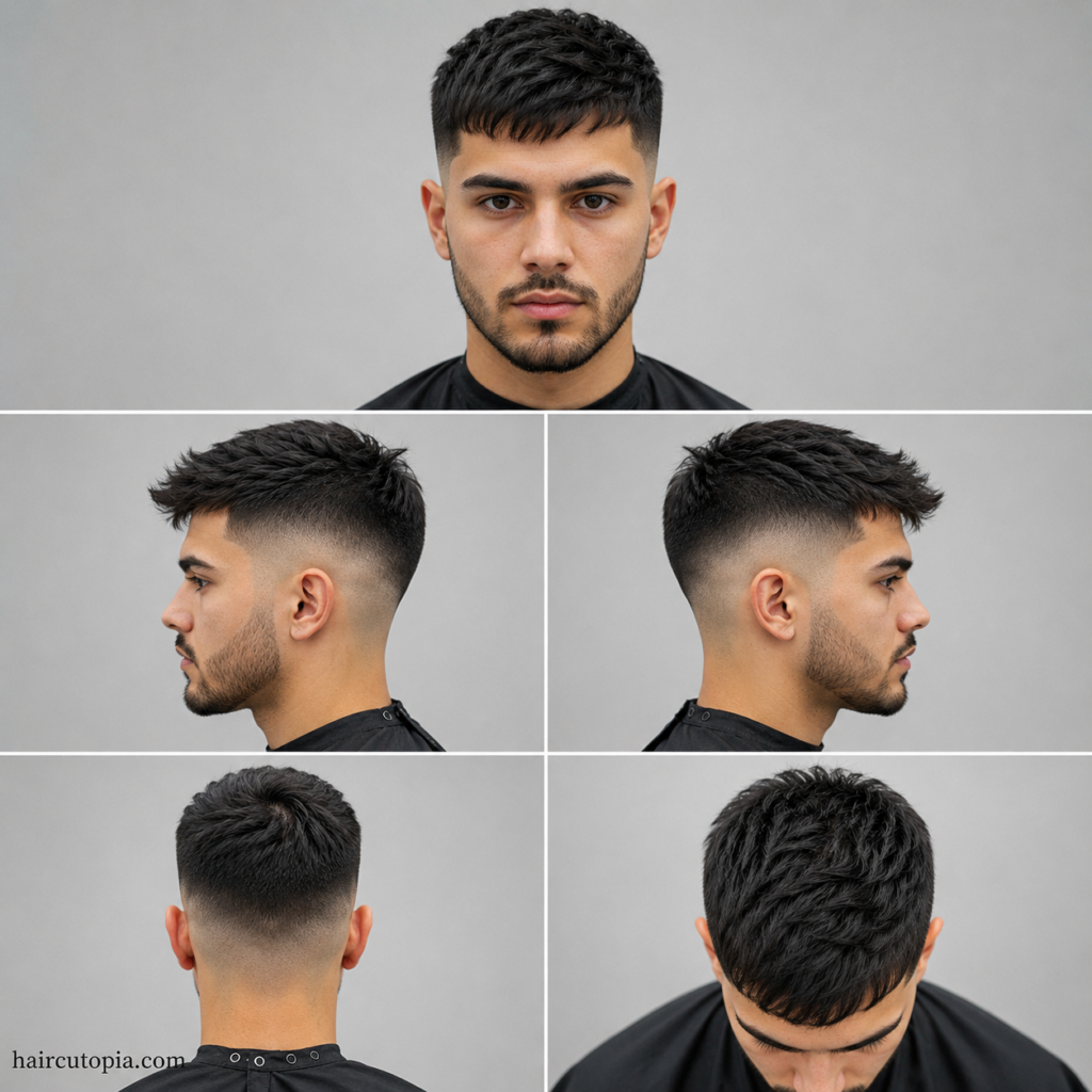 Five-panel collage showing a clean skin fade haircut from the front, left side, right side, back, and top view to highlight the fade blend and overall haircut structure.