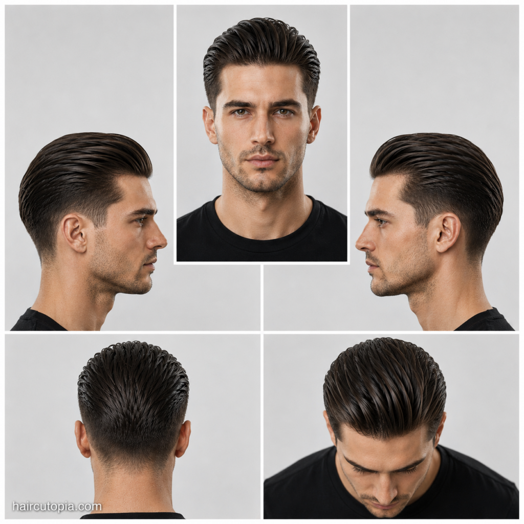 Five-panel collage of a clean slick back haircut showing the front, left side, right side, back, and bird's-eye views with neatly combed hair, a clean low taper, and a polished finish.