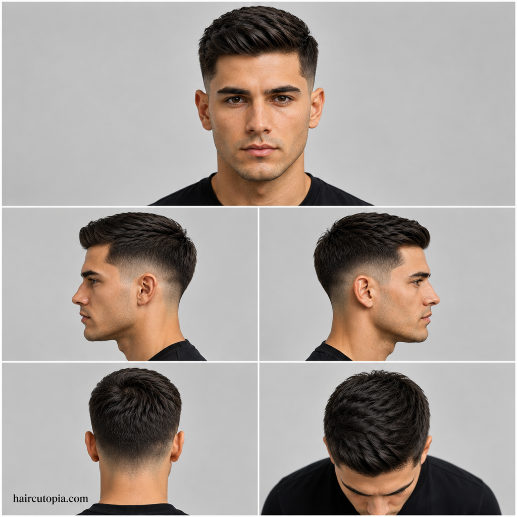 Five-panel collage of a clean taper fade haircut showing front view, left side view, right side view, back view, and top bird's-eye view.