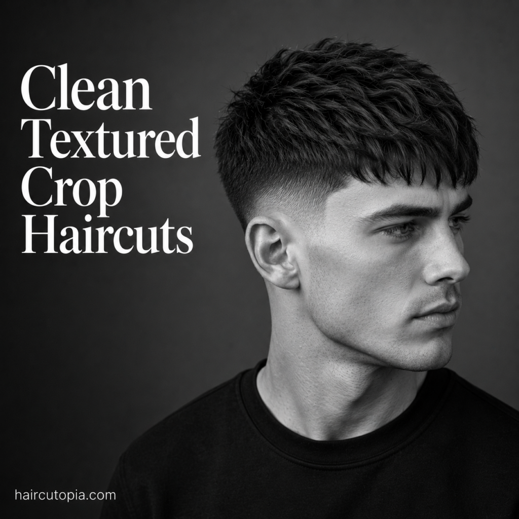 Man with a clean textured crop haircut featuring soft layered texture, a neat low fade, and a polished finish in a black and white editorial portrait.