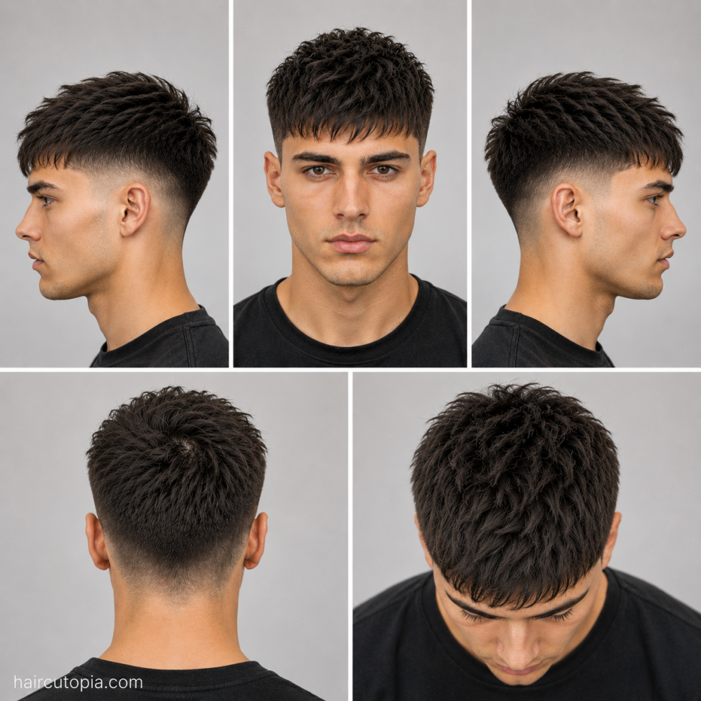 Five-view collage of a men's clean textured crop haircut showing the front, left side, right side, back, and bird's-eye views.