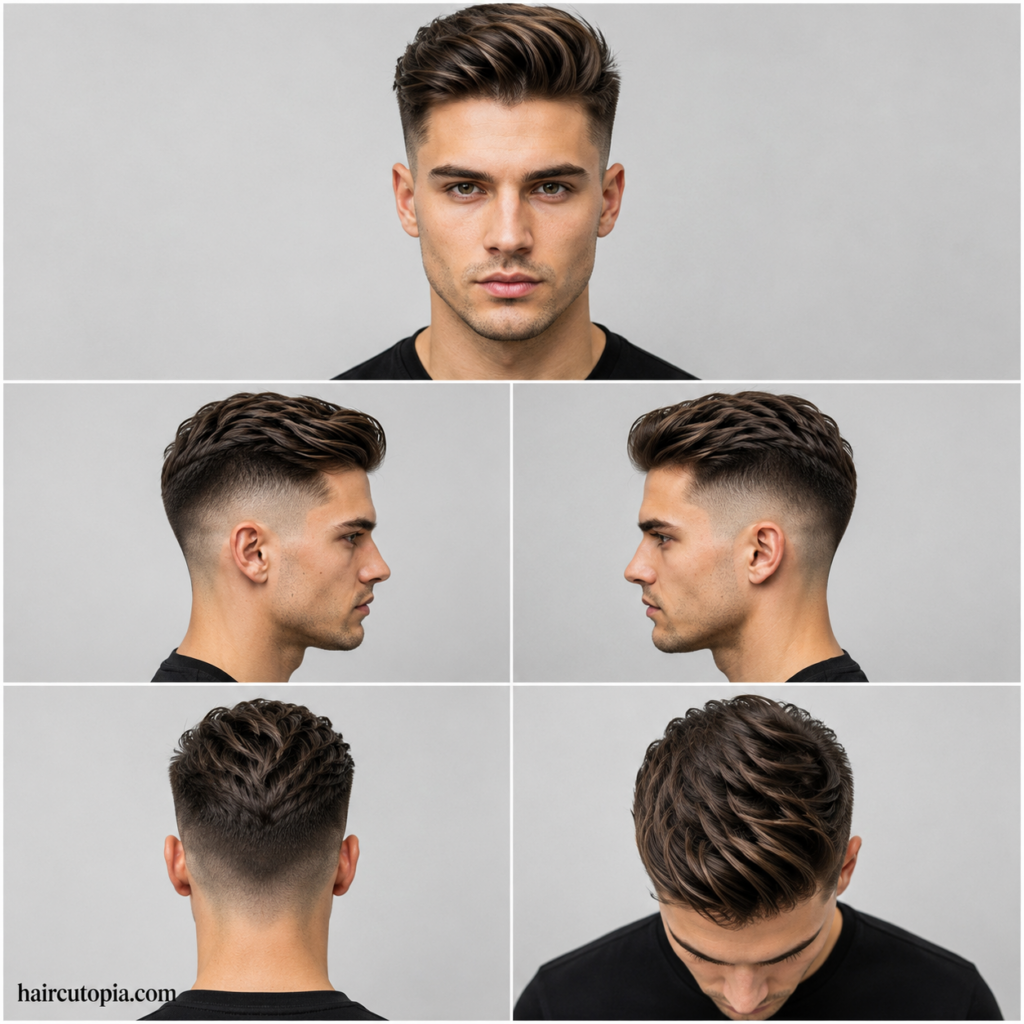 Five-view collage of a clean undercut haircut showing front, left side, right side, back, and top views.