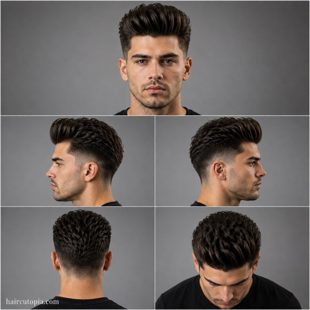 Five-view collage of a pompadour haircut for coarse hair showing front, left side, right side, back, and top views