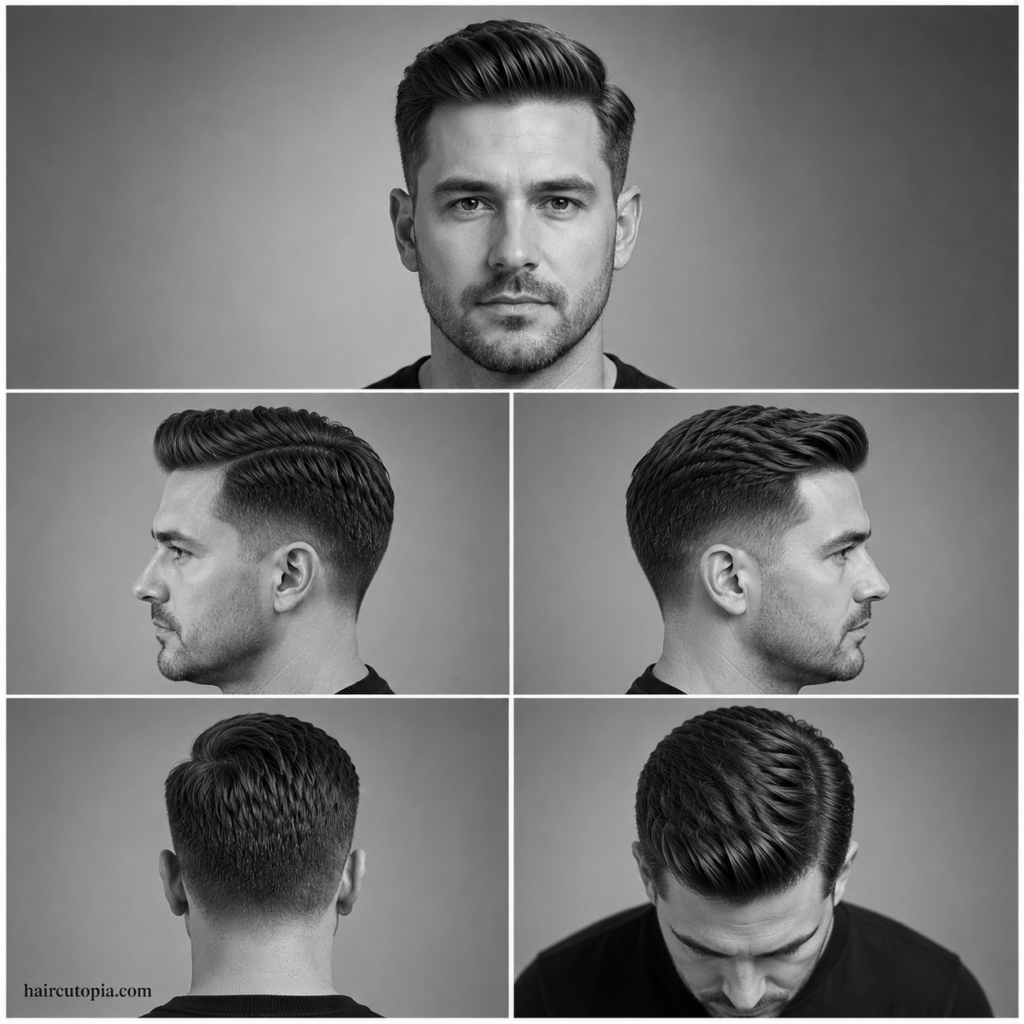 Five-view collage showing a business professional’s comb over haircut from the front, left side, right side, back, and top