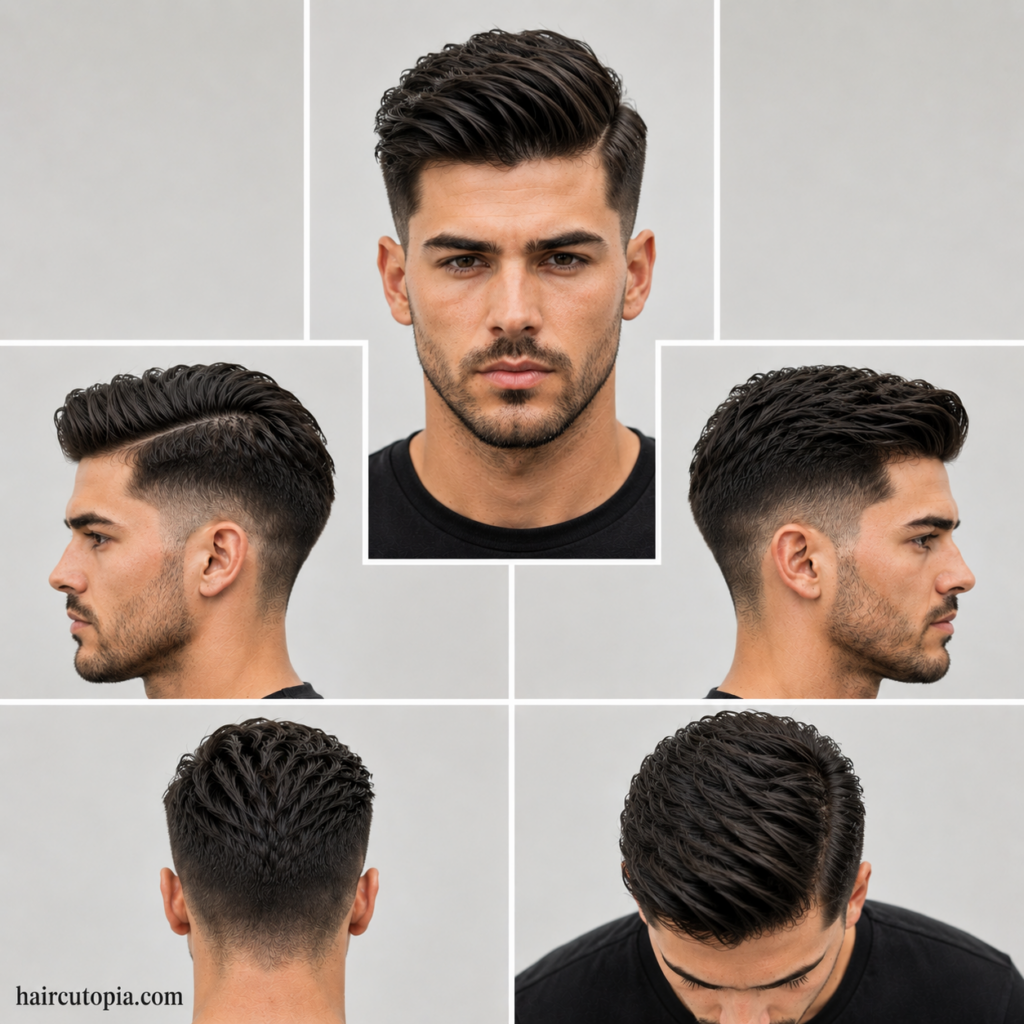 Five-view collage of a comb over haircut for coarse hair, showing the front, left side, right side, back, and top views with dense texture, a defined side part, and clean faded sides.