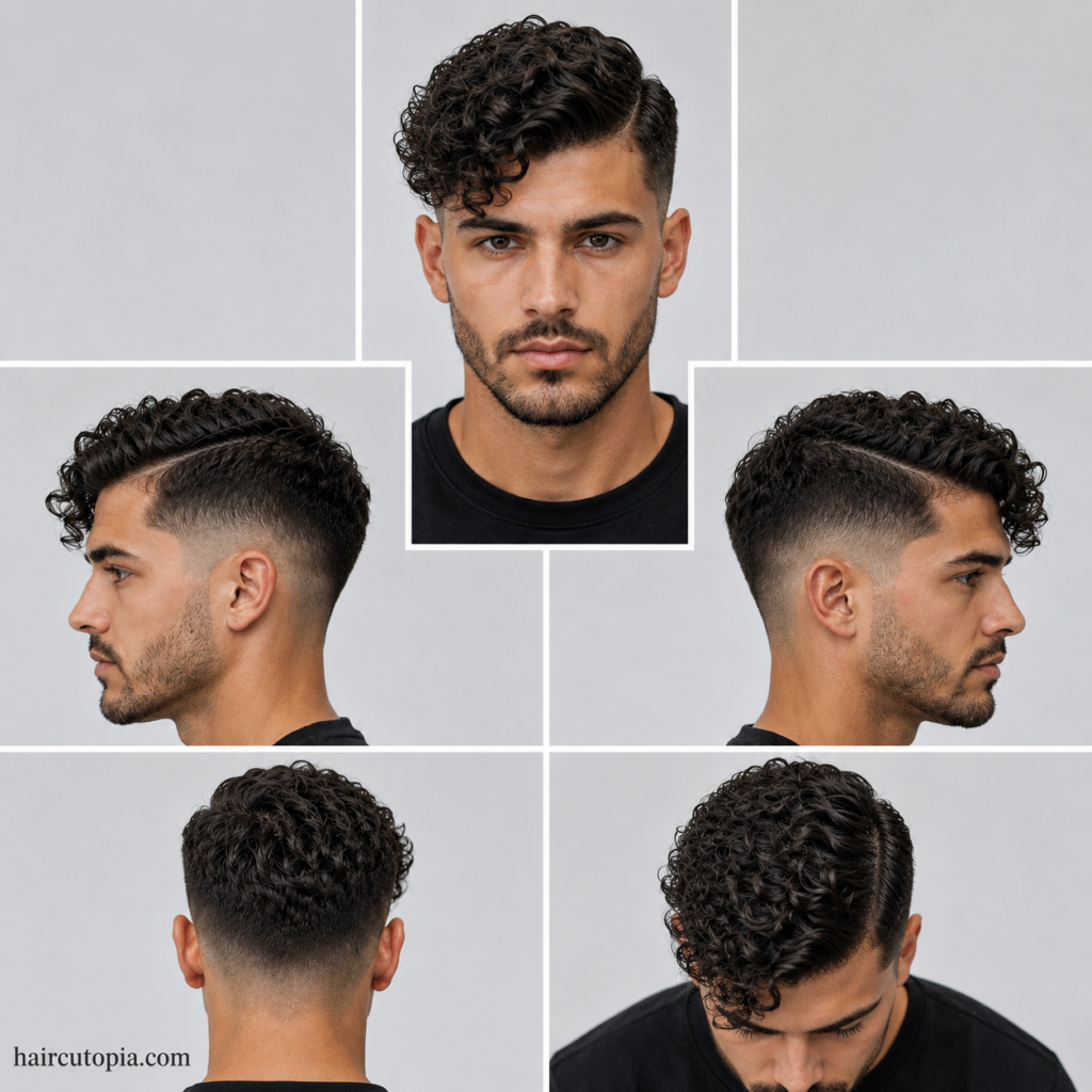 Five-view collage of a curly comb over haircut showing the front, left side, right side, back, and top views with defined curls, a natural side part, and a tapered fade.