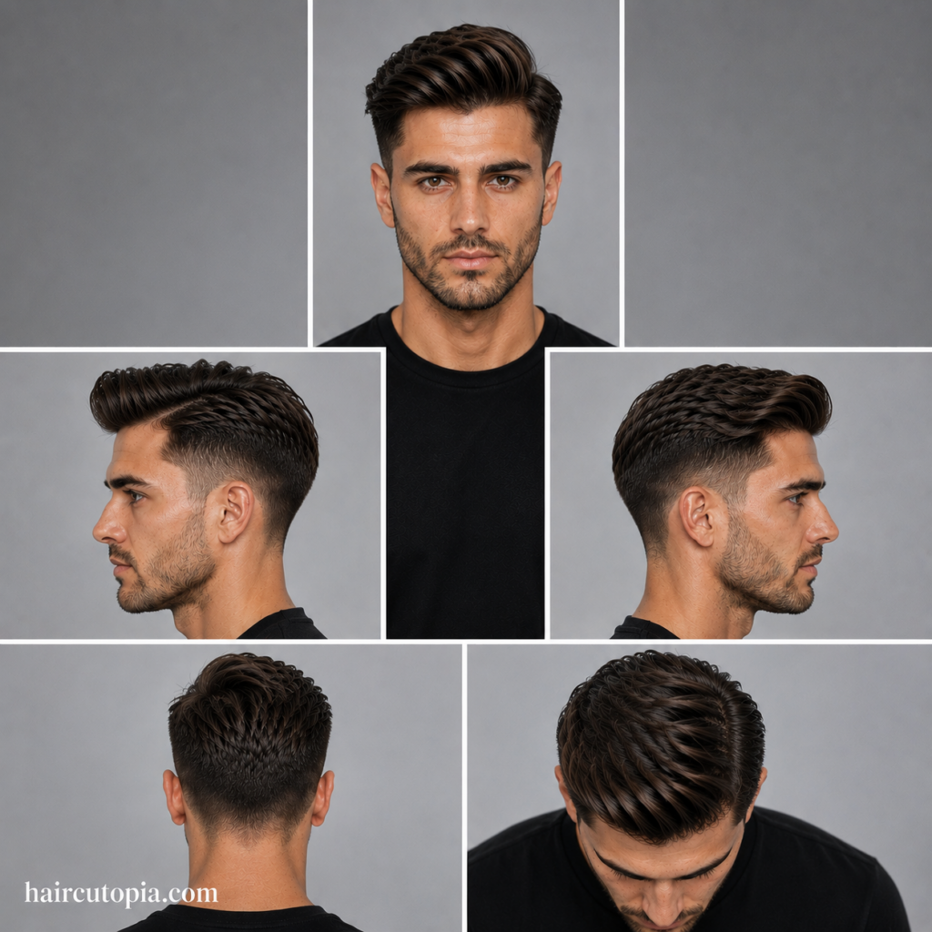 Five-view collage of a textured comb over haircut for a diamond-shaped face, showing front, left side, right side, back, and top views