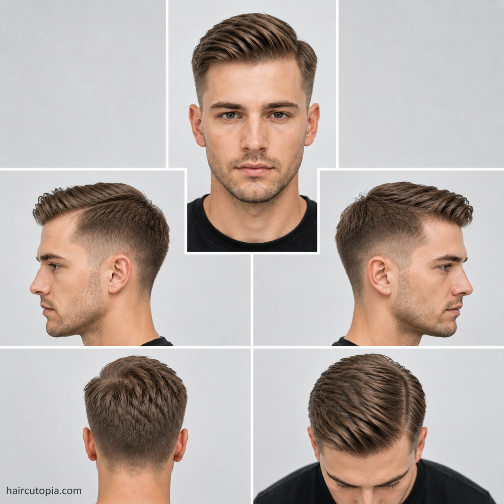 Five-view collage of a comb over haircut for fine hair, showing the front, left side, right side, back, and top views with light texture, natural volume, and tapered sides.