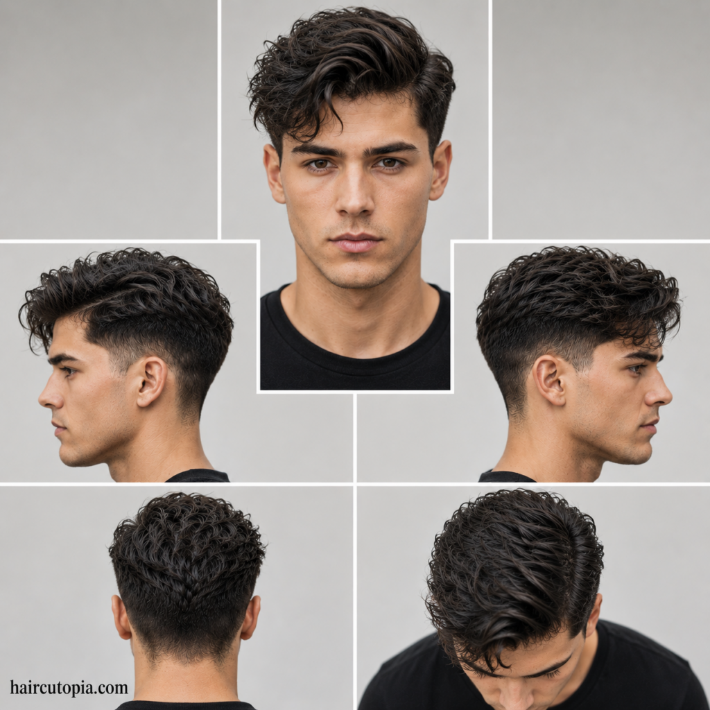 Five-view collage of a comb over haircut for frizzy hair, showing the front, left side, right side, back, and top views with natural textured movement, a soft side sweep, and clean faded sides.