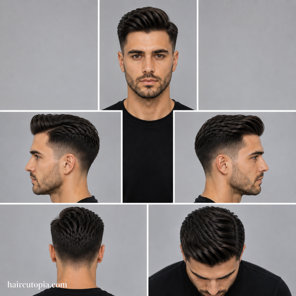 Five-view collage of a textured comb over haircut for a heart-shaped face, showing front, left side, right side, back, and top views