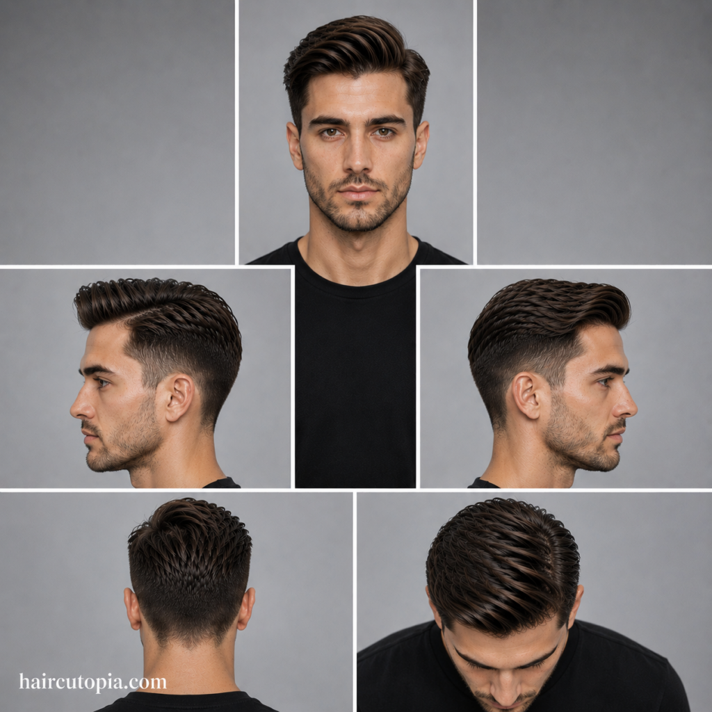 Five-view collage of a textured comb over haircut for a long face, showing front, left side, right side, back, and top views