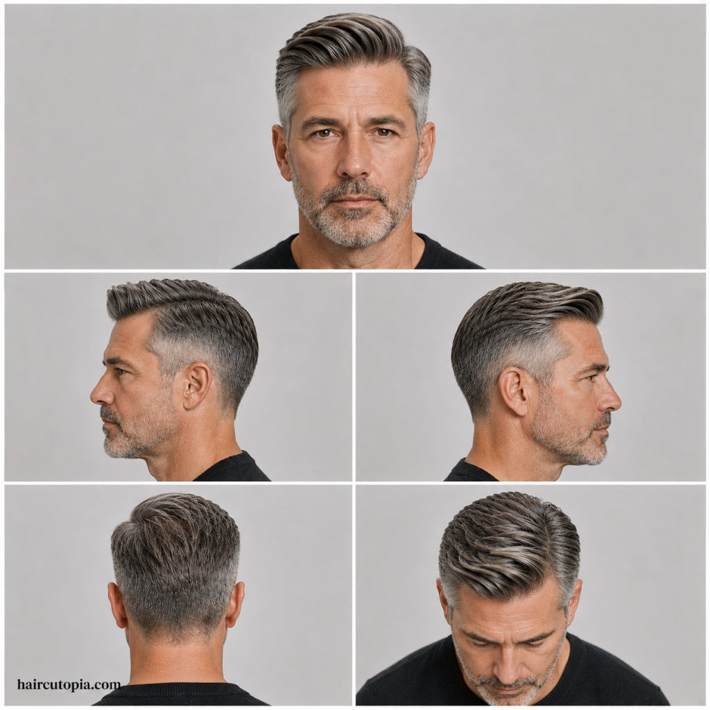 Five-view collage showing a man over 40 with a comb over haircut from the front, left side, right side, back, and top