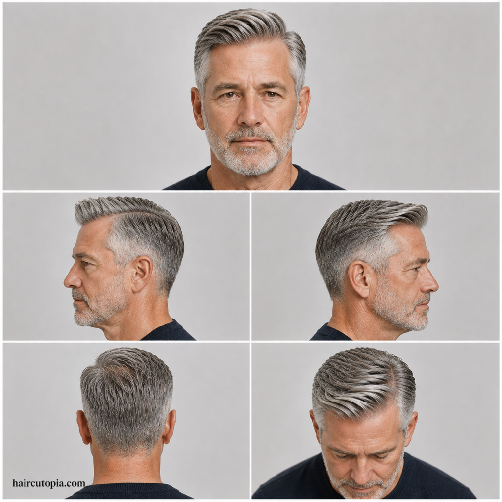Five-view collage showing a man over 50 with a comb over haircut from the front, left side, right side, back, and top