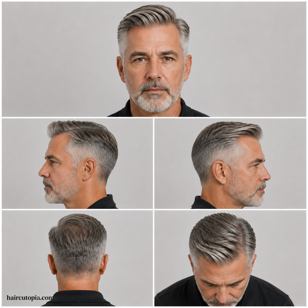 Five-view collage showing an older man’s comb over haircut from the front, left side, right side, back, and top