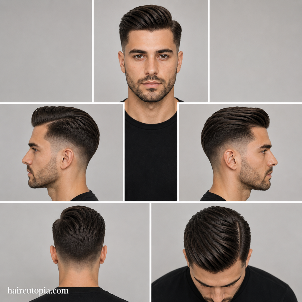 Five-view collage of a comb over haircut for an oval face, showing the front, left side, right side, back, and top views