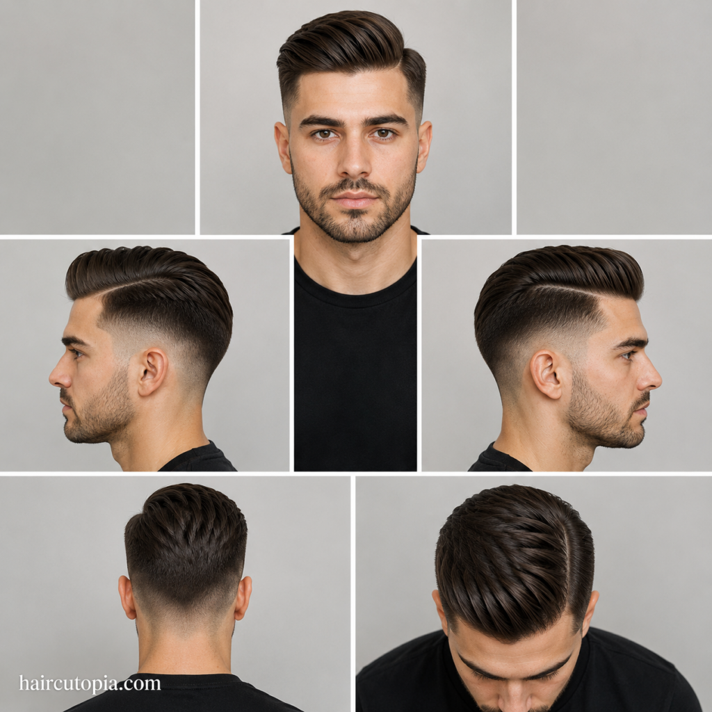 Five-view collage of a comb over haircut with faded sides for a round face, showing front, left side, right side, back, and top views