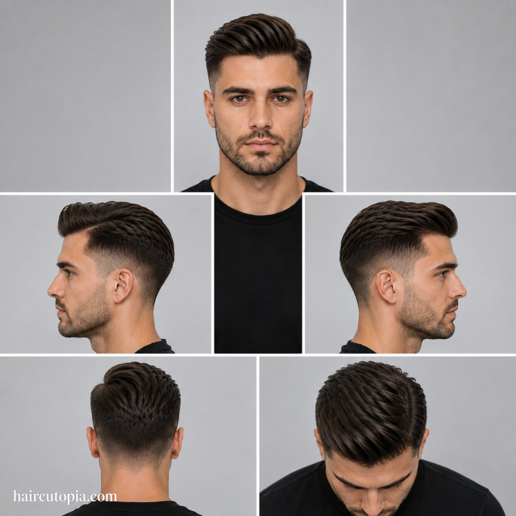 Five-view collage of a textured comb over haircut for a square face, showing front, left side, right side, back, and top views