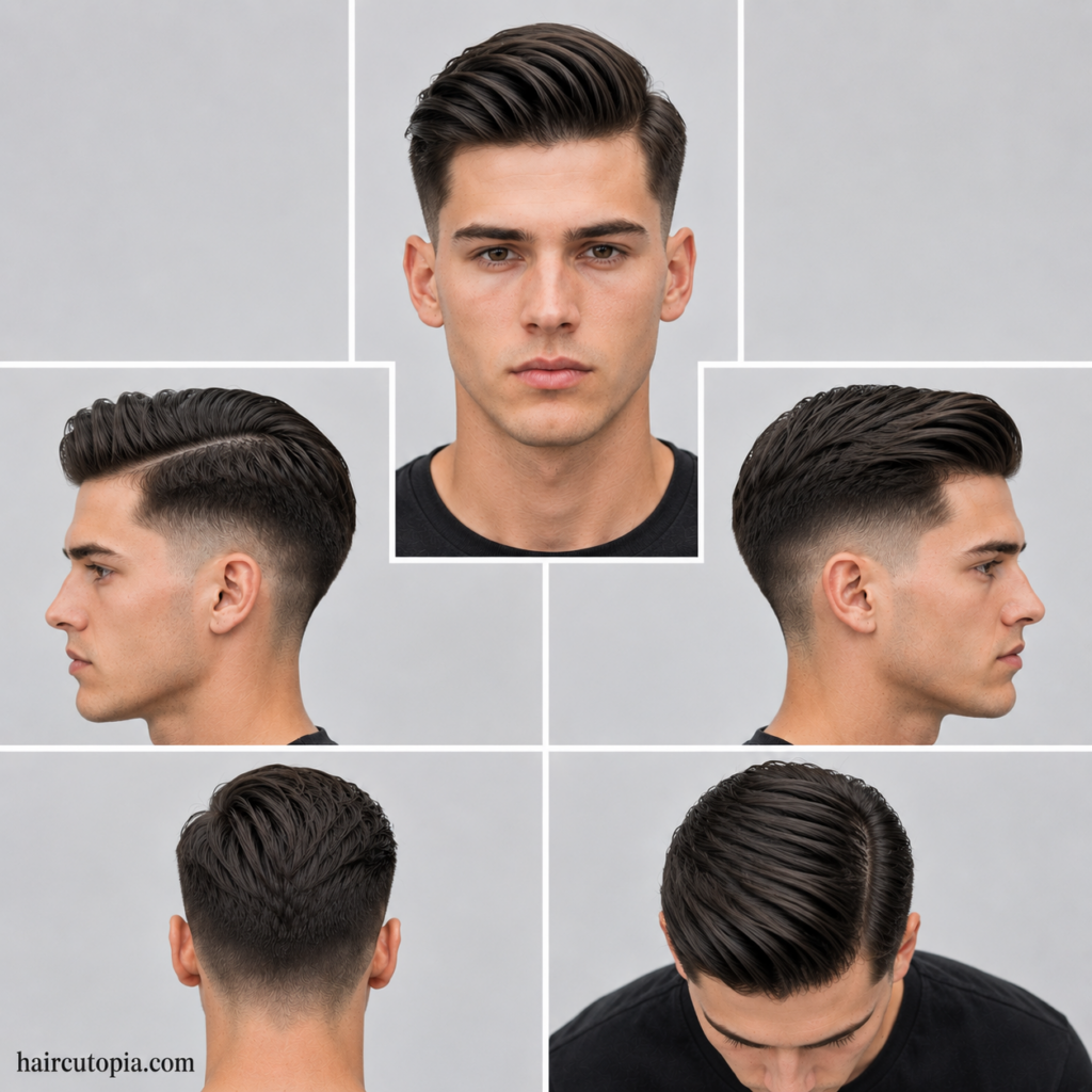 Five-view collage of a straight hair comb over showing the front, left side, right side, back, and top views with a defined side part, smooth texture, and clean tapered fade.