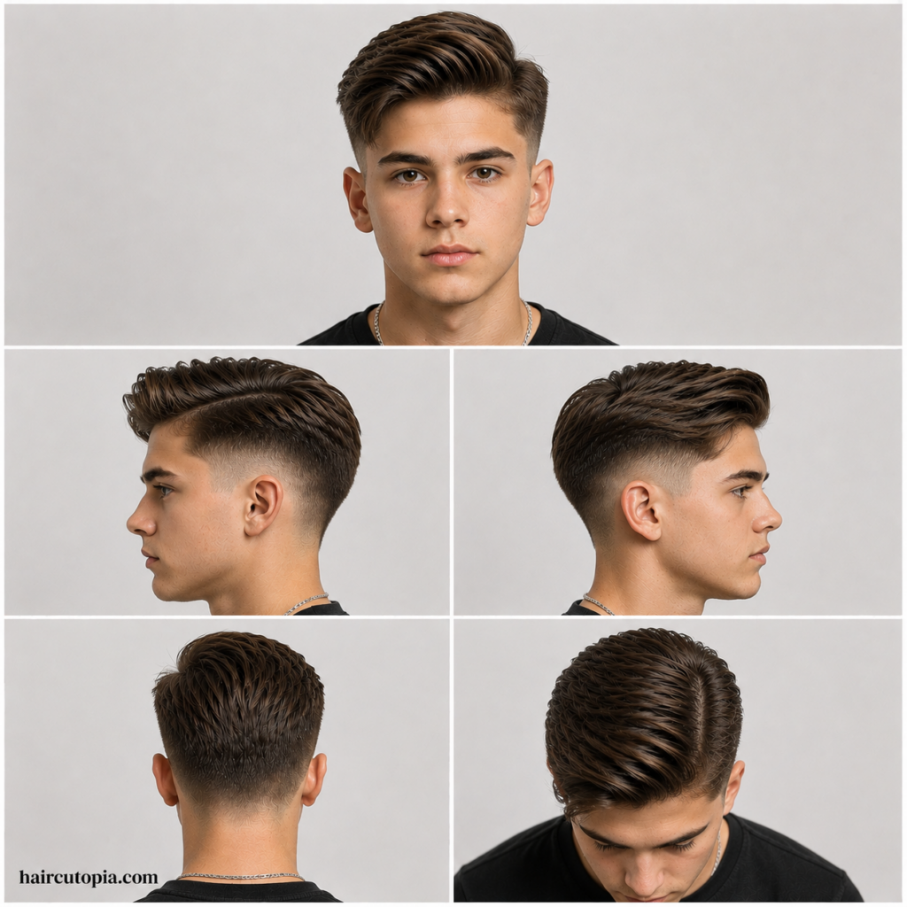 Five-view collage showing a teen boy’s comb over haircut from the front, left side, right side, back, and top