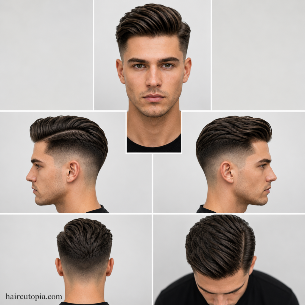 Five-view collage of a thick hair comb over haircut showing the front, left side, right side, back, and top views with a clean fade and defined side part.