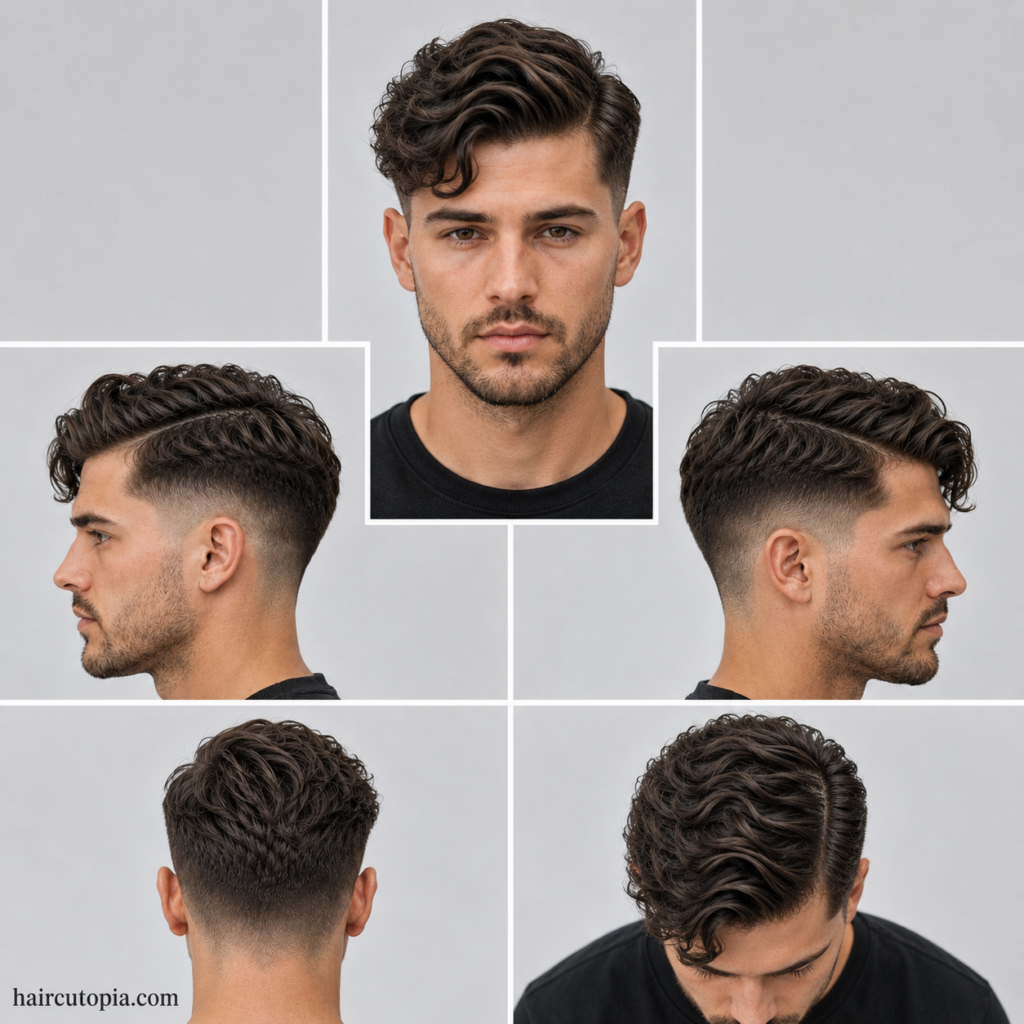 Five-view collage of a wavy comb over haircut showing the front, left side, right side, back, and top views with natural wave texture, a soft side part, and tapered faded sides.