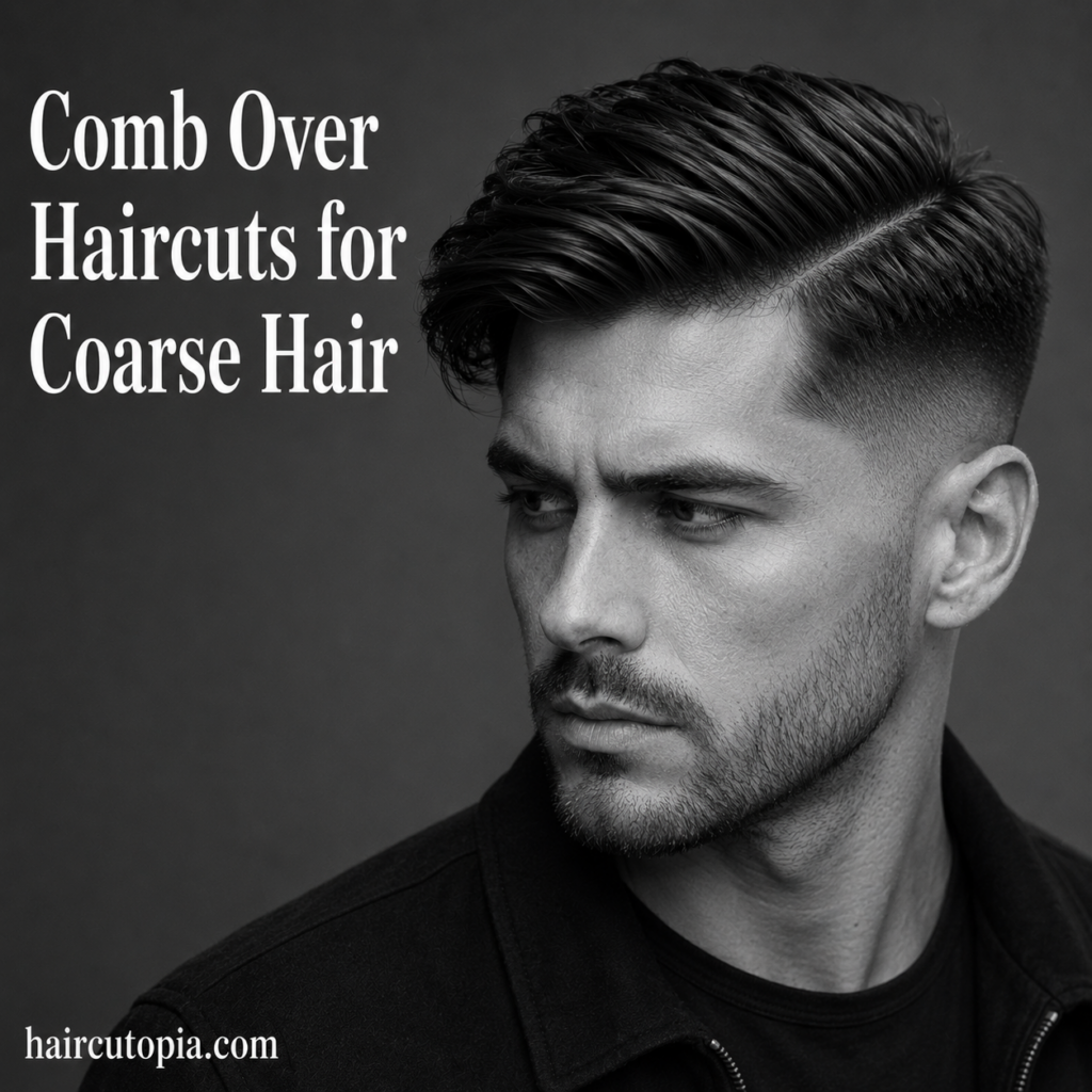 Man with coarse hair wearing a modern textured comb over haircut with a defined side part and clean faded sides.