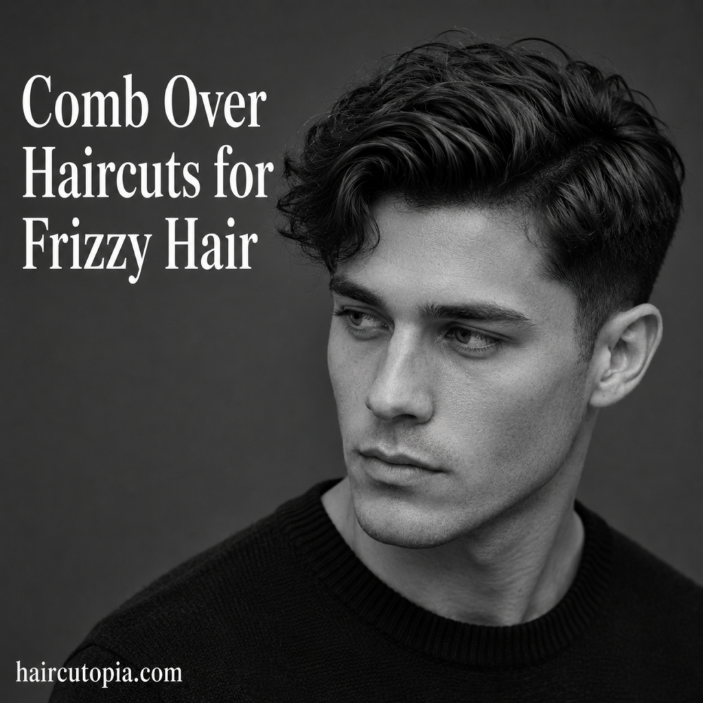 Man with frizzy hair wearing a modern textured comb over haircut with a soft side part and clean faded sides.