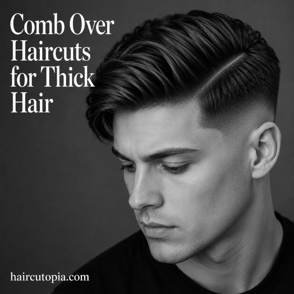 Man with thick hair wearing a modern comb over haircut with a defined side part and tapered fade.