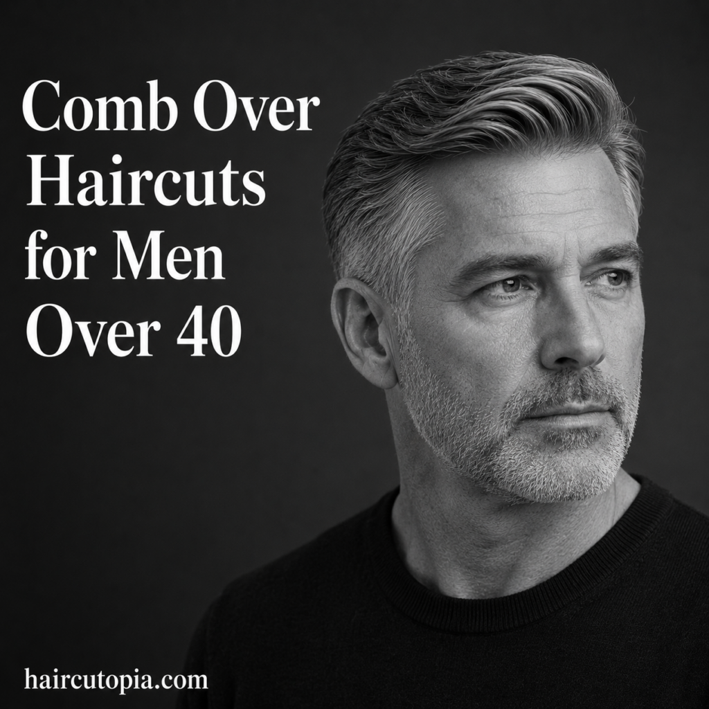 Man over 40 with a modern silver comb over haircut, natural side part, and neatly tapered sides in a black-and-white studio portrait