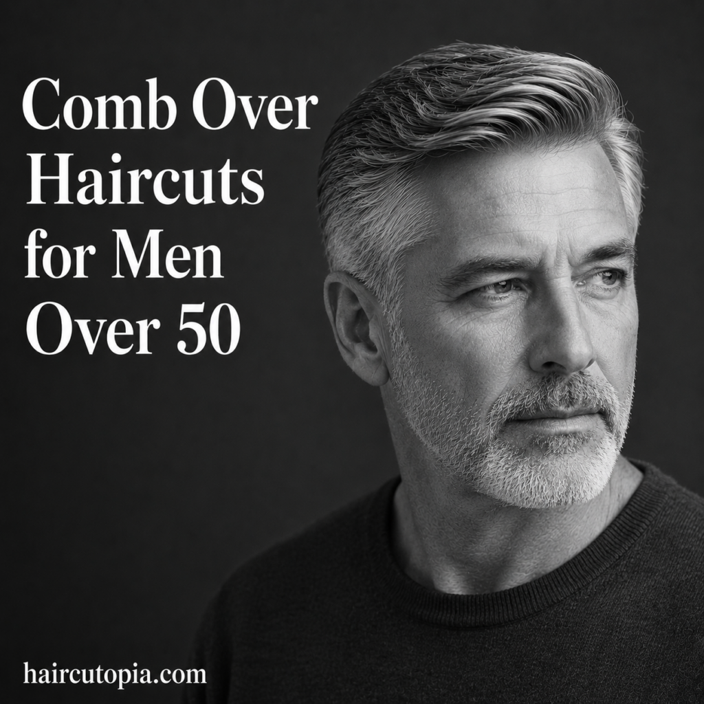 Man over 50 with a silver comb over haircut, natural side part, and neatly tapered sides in a black-and-white studio portrait