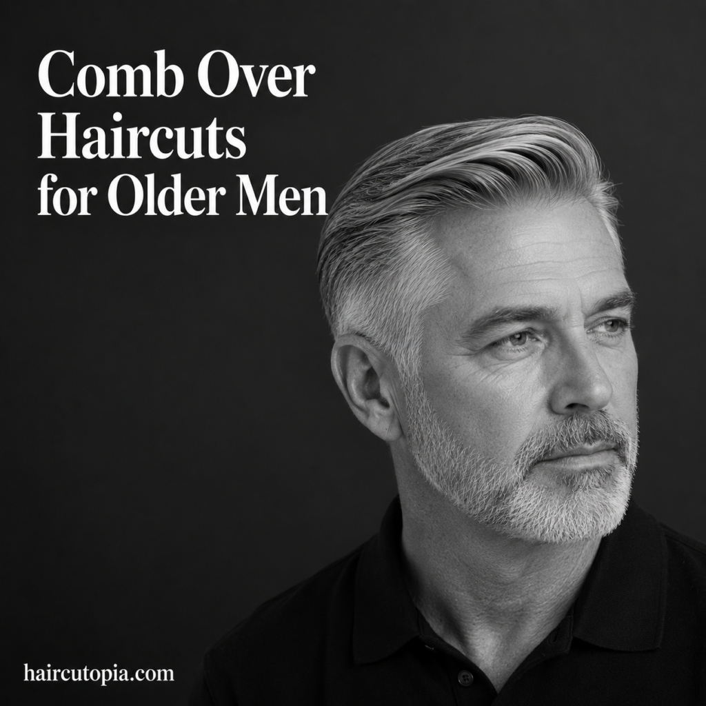Older man with a silver comb over haircut, natural side part, and neatly tapered sides in a black-and-white studio portrait