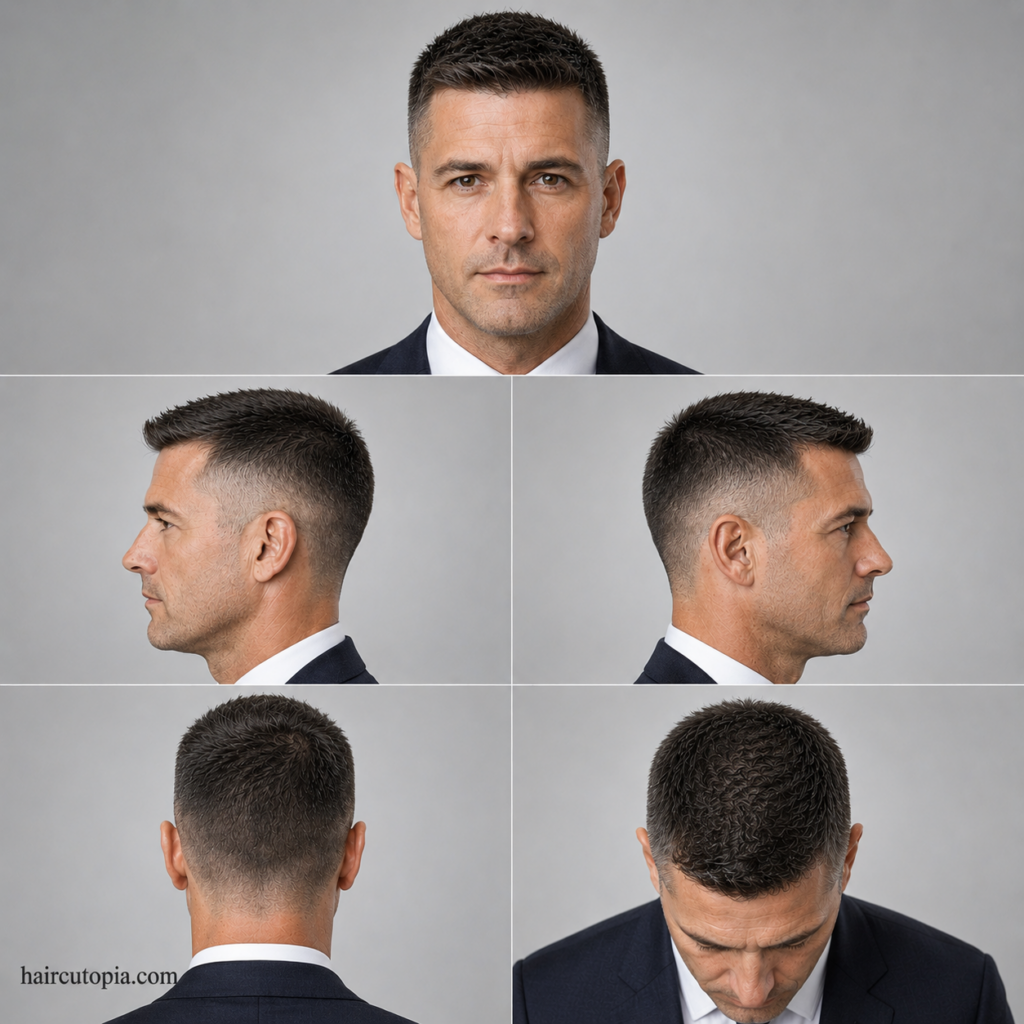 Five-panel collage showing a professional crew cut haircut from front, side, back, and top views