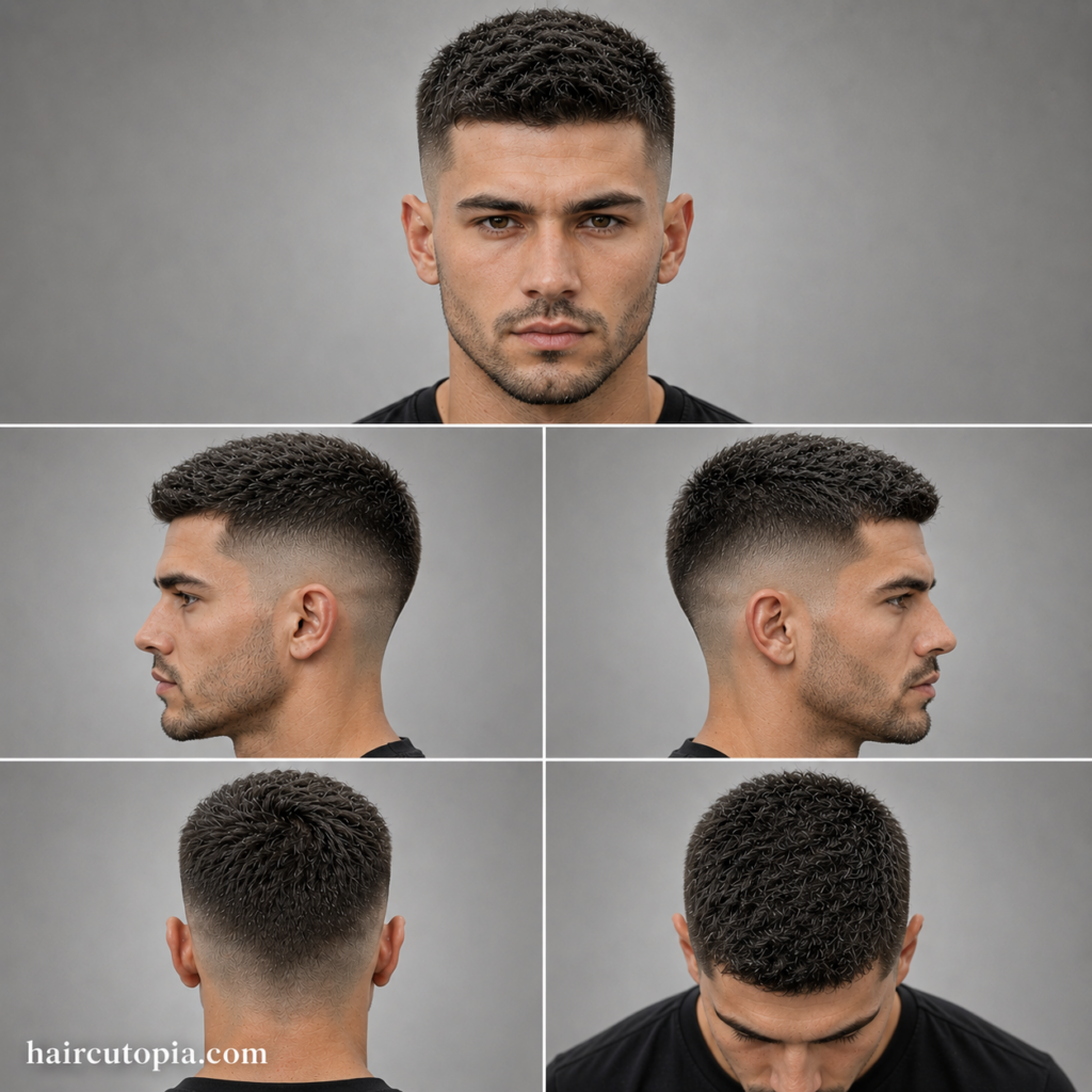 Five-panel collage showing a crew cut haircut for coarse hair from the front view, left side view, right side view, back view, and bird's-eye top view.
