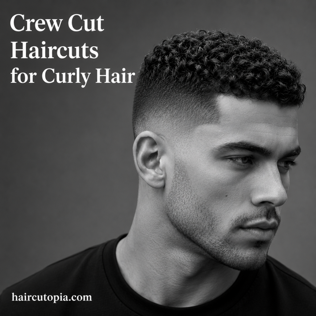 Man with a textured curly crew cut featuring defined curls on top and a clean fade on the sides.