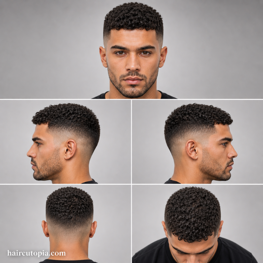 Five-panel collage showing a curly crew cut haircut from the front view, left side view, right side view, back view, and top view.
