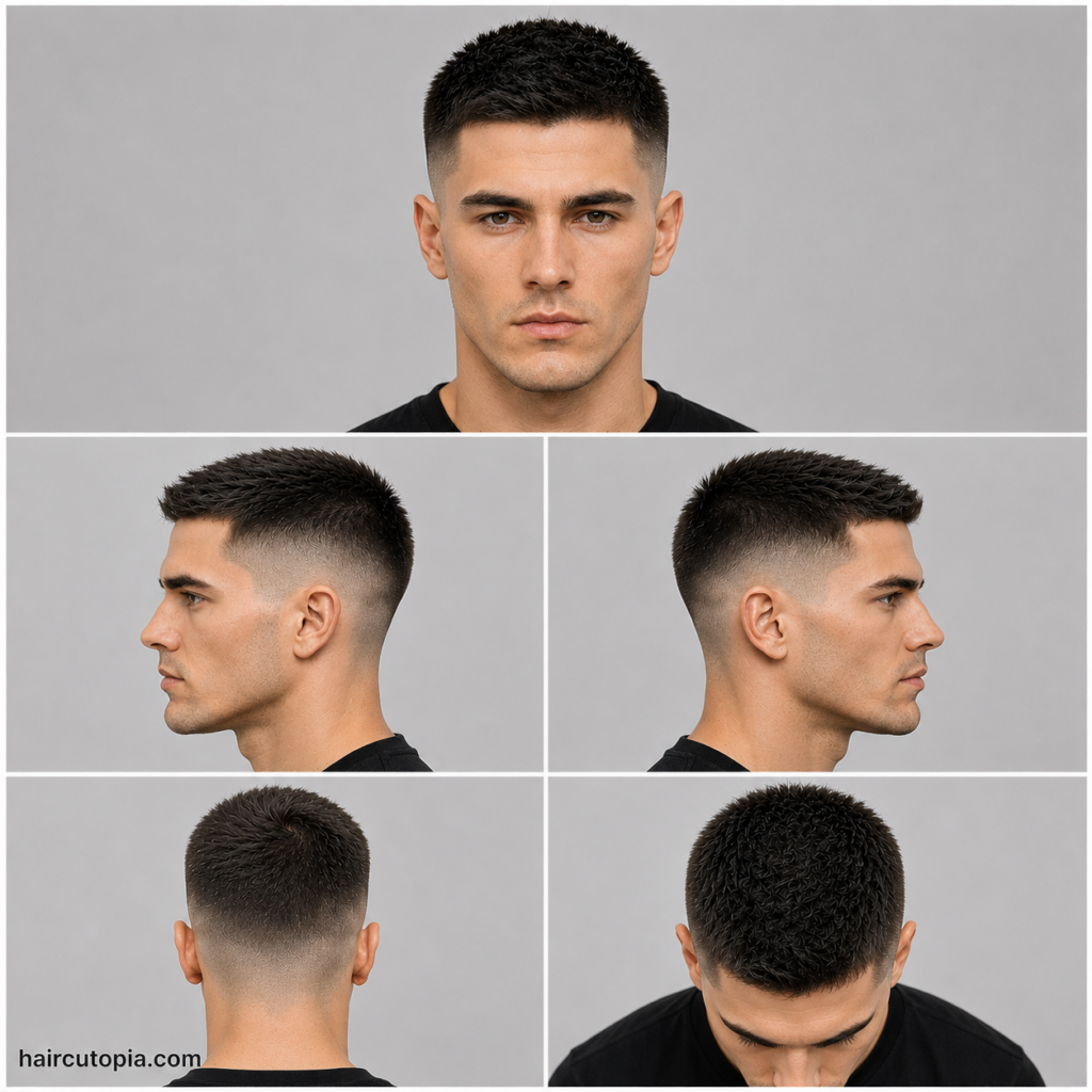 Five-panel collage showing a modern crew cut haircut for diamond faces from the front, left side, right side, back, and top views.