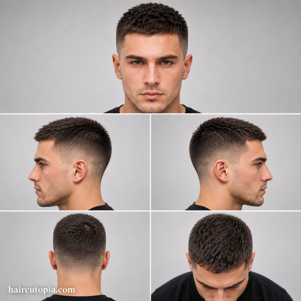 Five-panel collage showing a crew cut haircut for fine hair from the front view, left side view, right side view, back view, and top view.