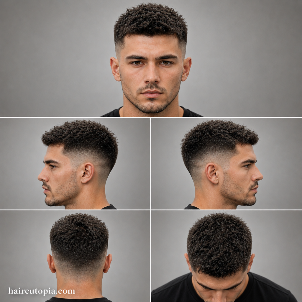 Five-panel collage showing a crew cut haircut for frizzy hair from the front view, left side view, right side view, back view, and bird's-eye top view.