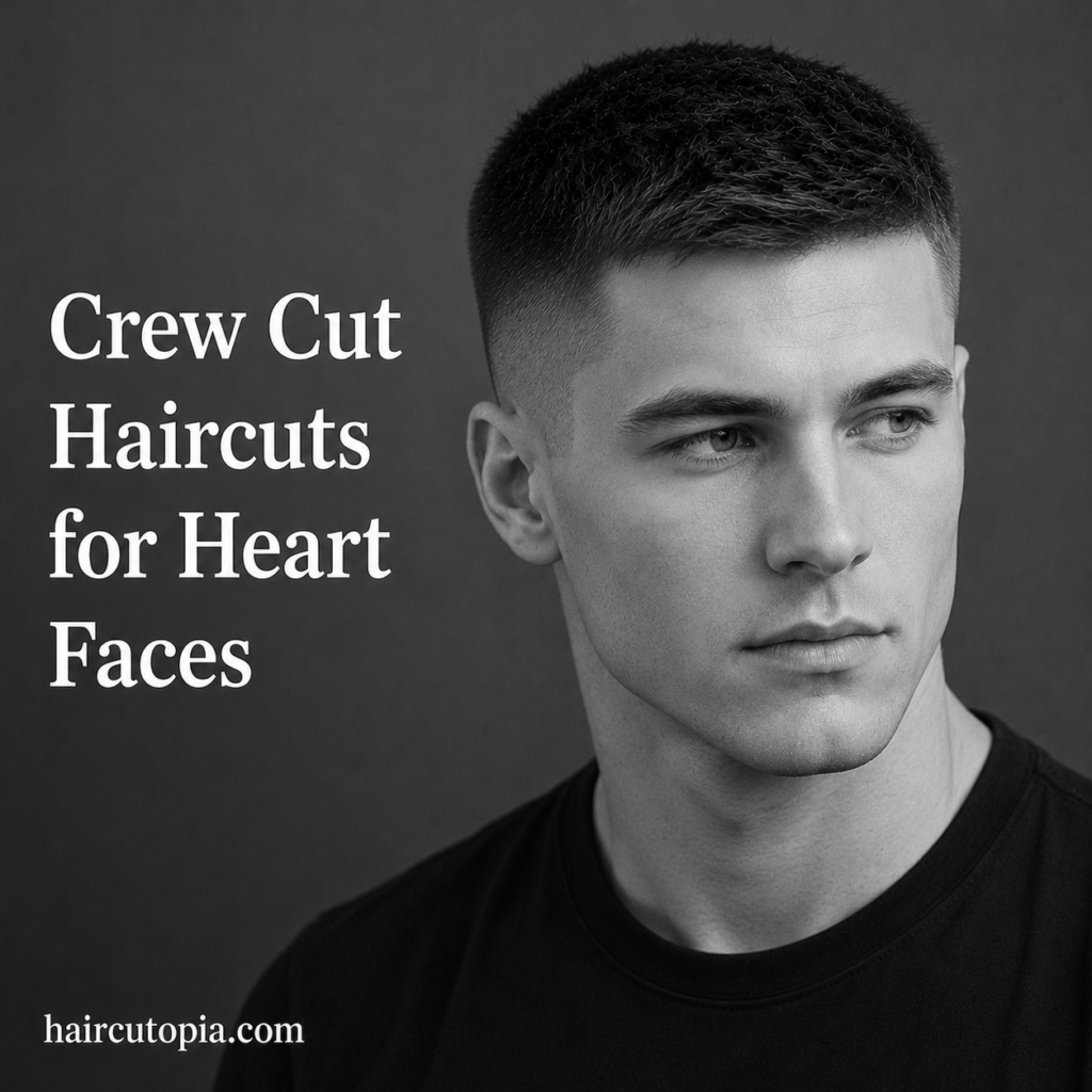 Man with a modern crew cut haircut and faded sides styled for a heart-shaped face in a black and white editorial portrait.