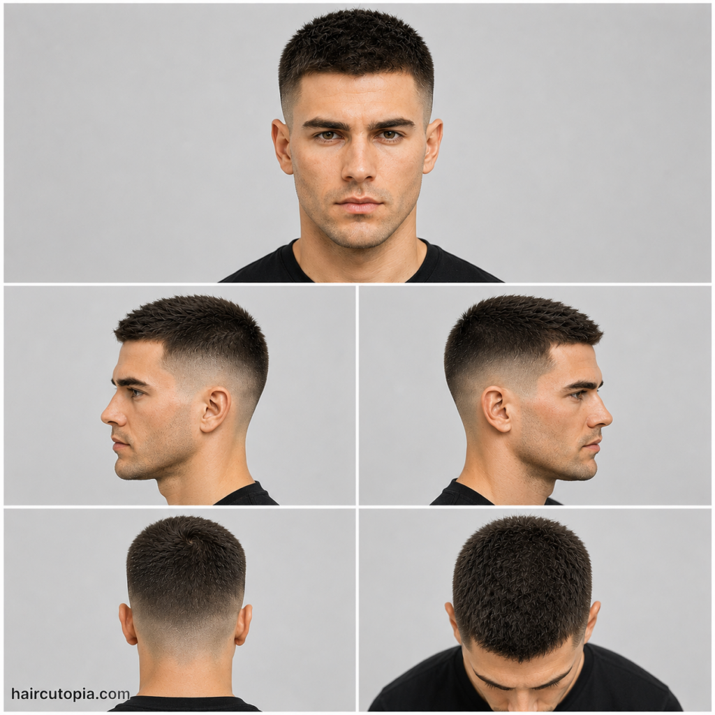 Five-panel collage showing a modern crew cut haircut for heart-shaped faces from the front, left side, right side, back, and top views.