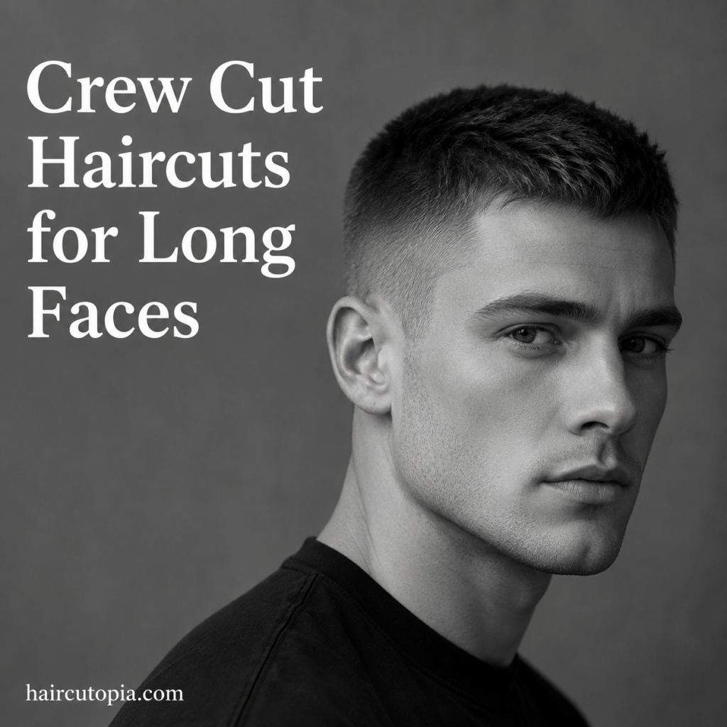 Man with a modern crew cut haircut styled for a long face shape in a black and white editorial portrait