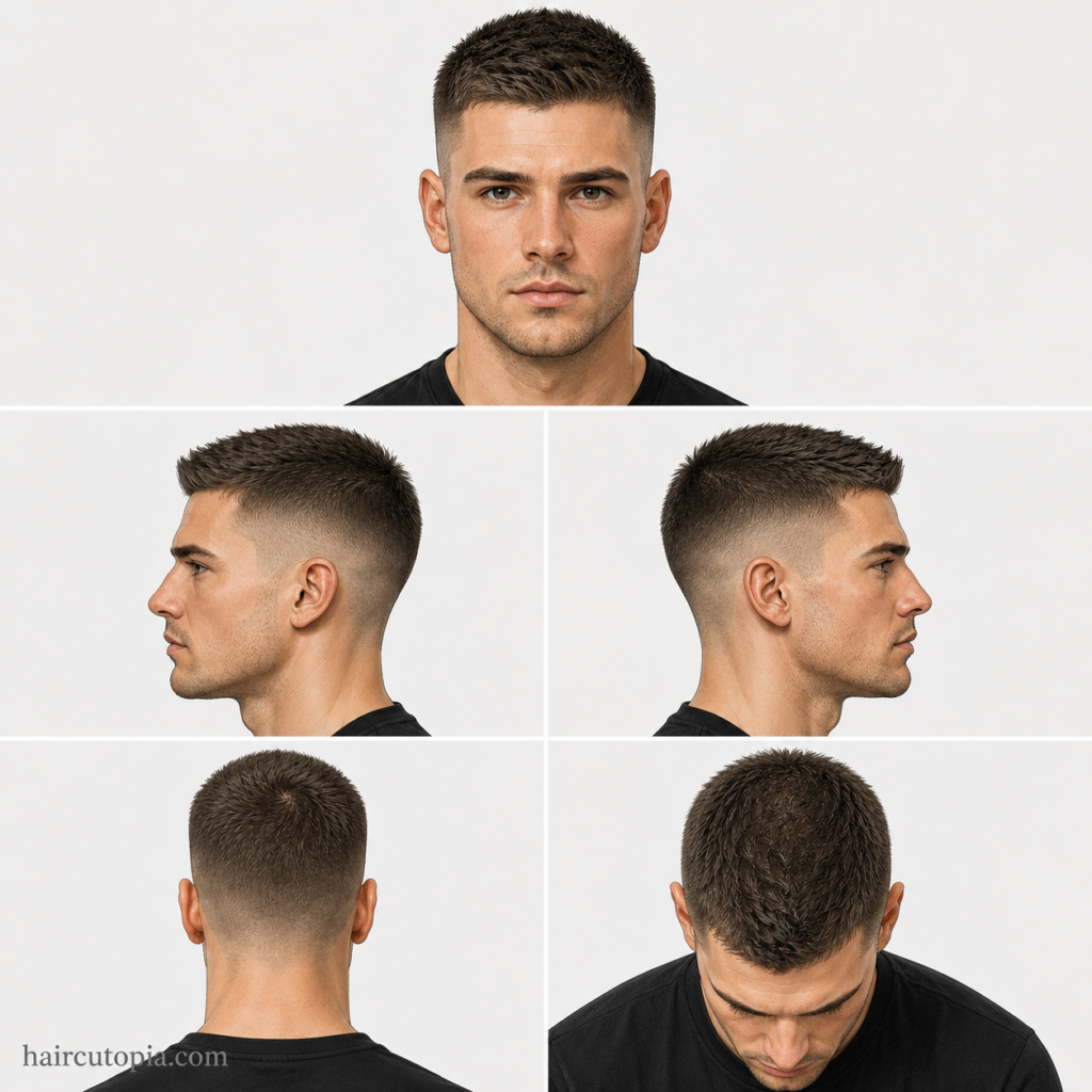 Five-view collage of a crew cut haircut for long faces showing front, left side, right side, back, and top views