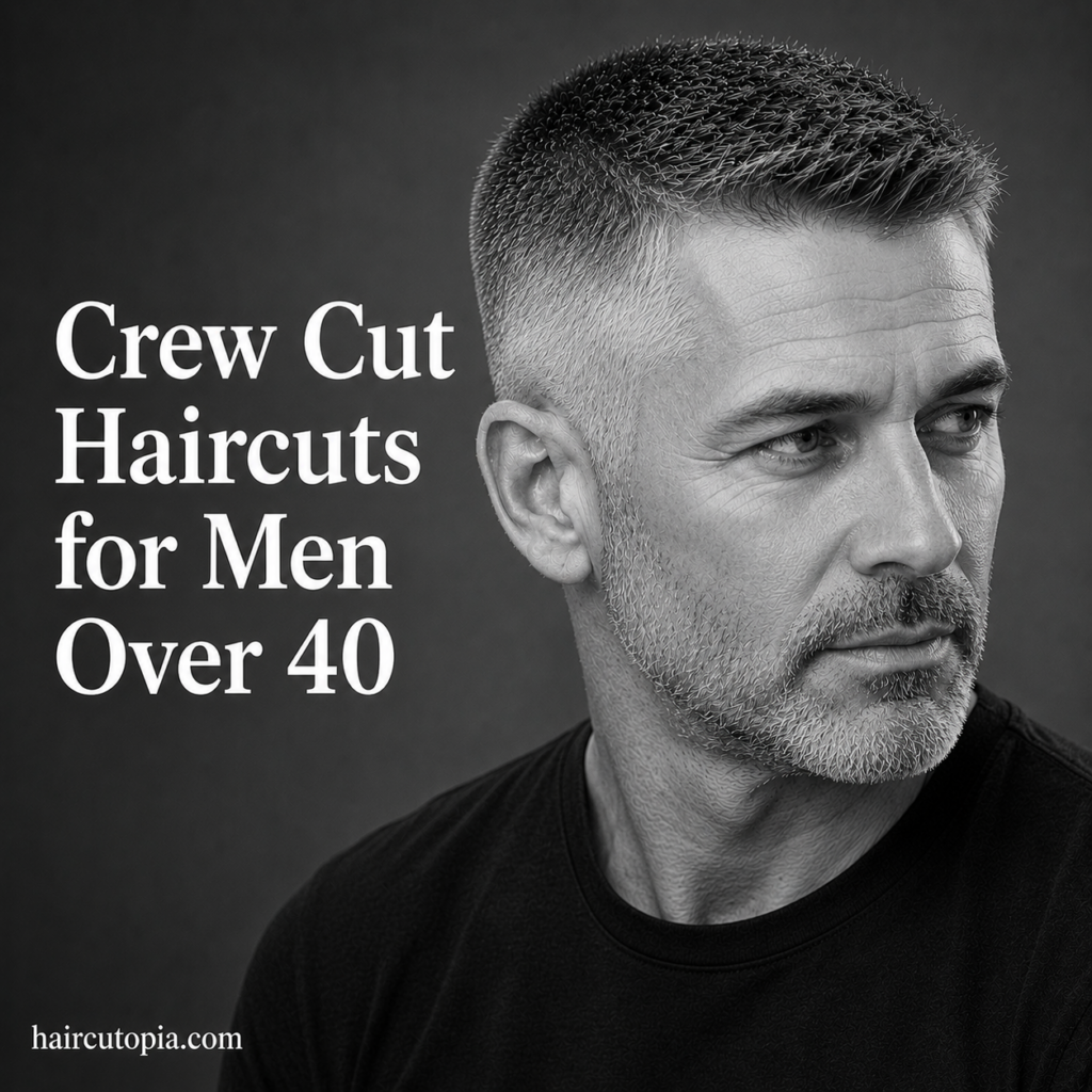 Man over 40 with a modern crew cut hairstyle and salt and pepper hair in a black and white editorial portrait