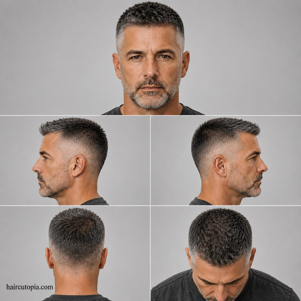 Five-panel collage showing a crew cut haircut for men over 40 from front, side, back, and top views