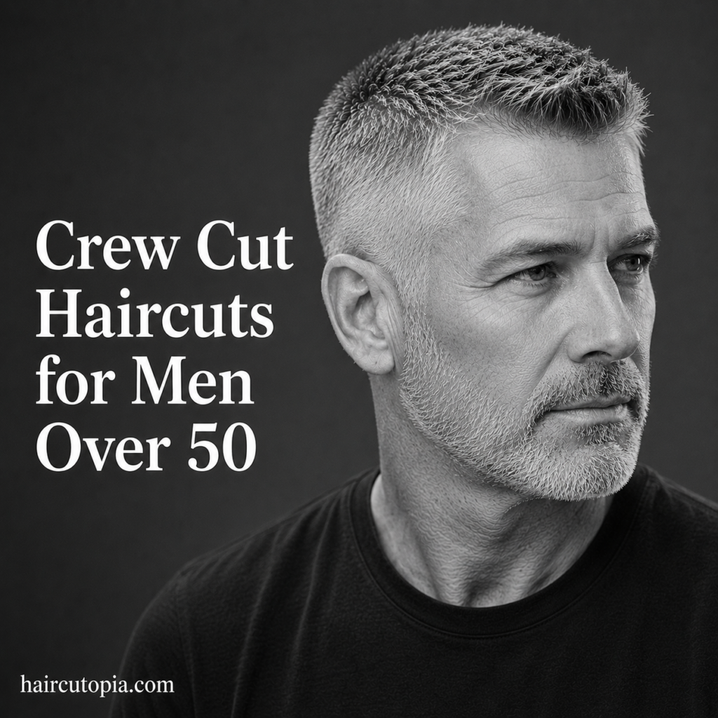 Man over 50 with a modern crew cut hairstyle and gray hair in a black and white editorial portrait