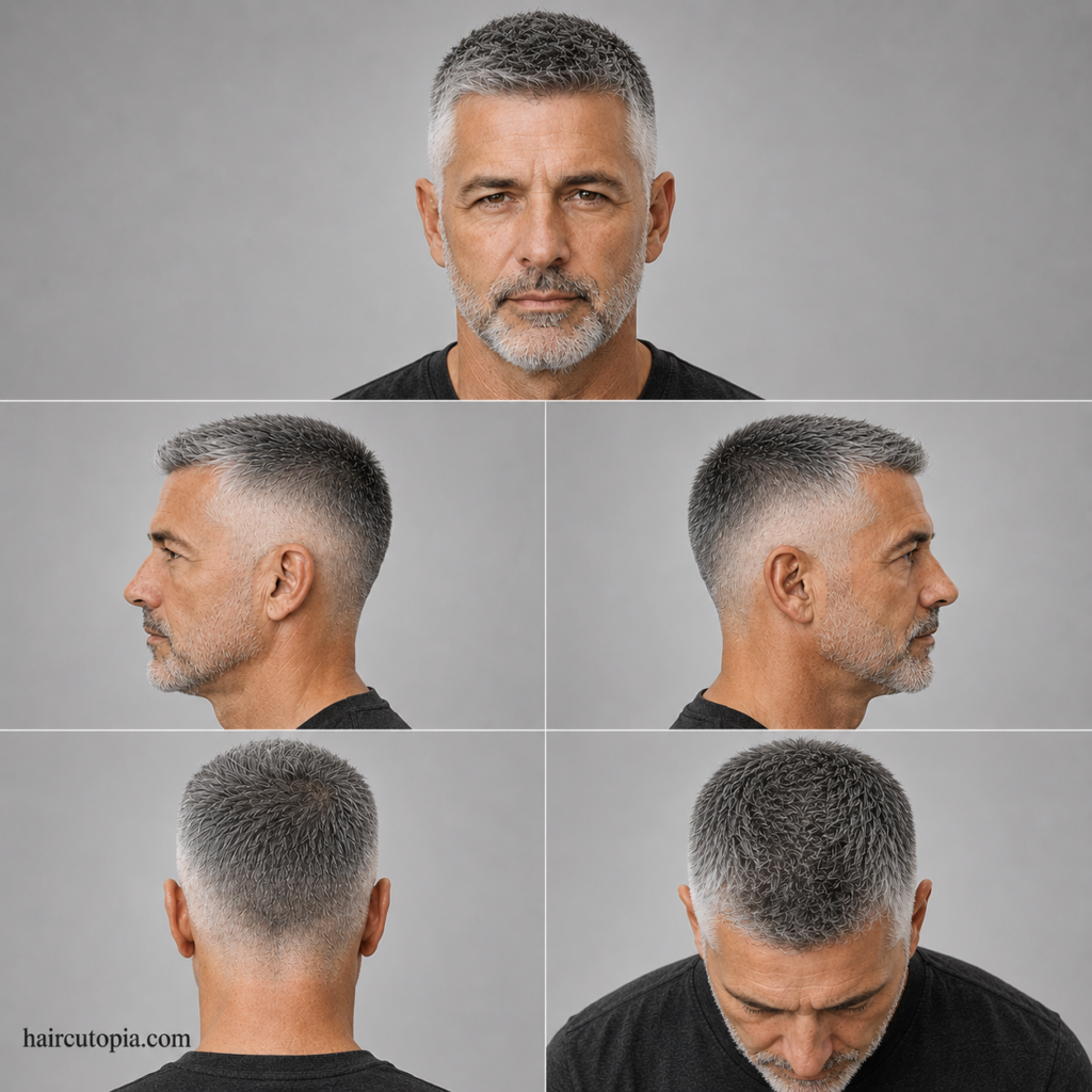 Five-panel collage showing a crew cut haircut for men over 50 from front, left side, right side, back, and top views