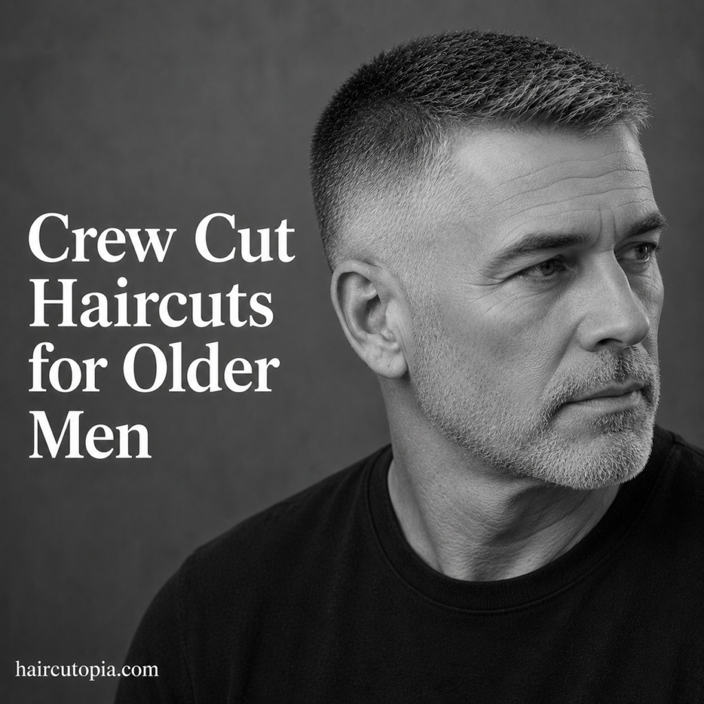 Older man with a classic crew cut hairstyle and gray hair in a black and white editorial portrait